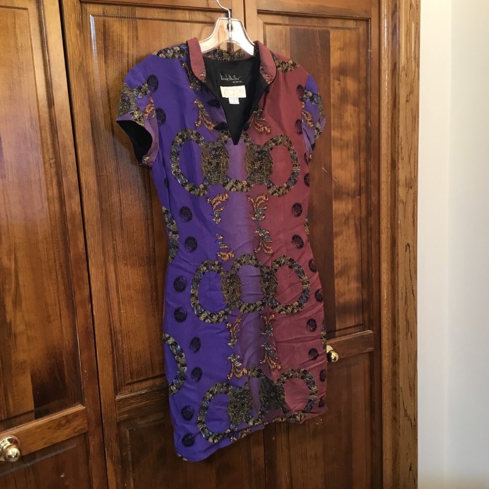 Cache ( Nichole Miller) midi dress, lined, size 4, subtle colors with bright vin